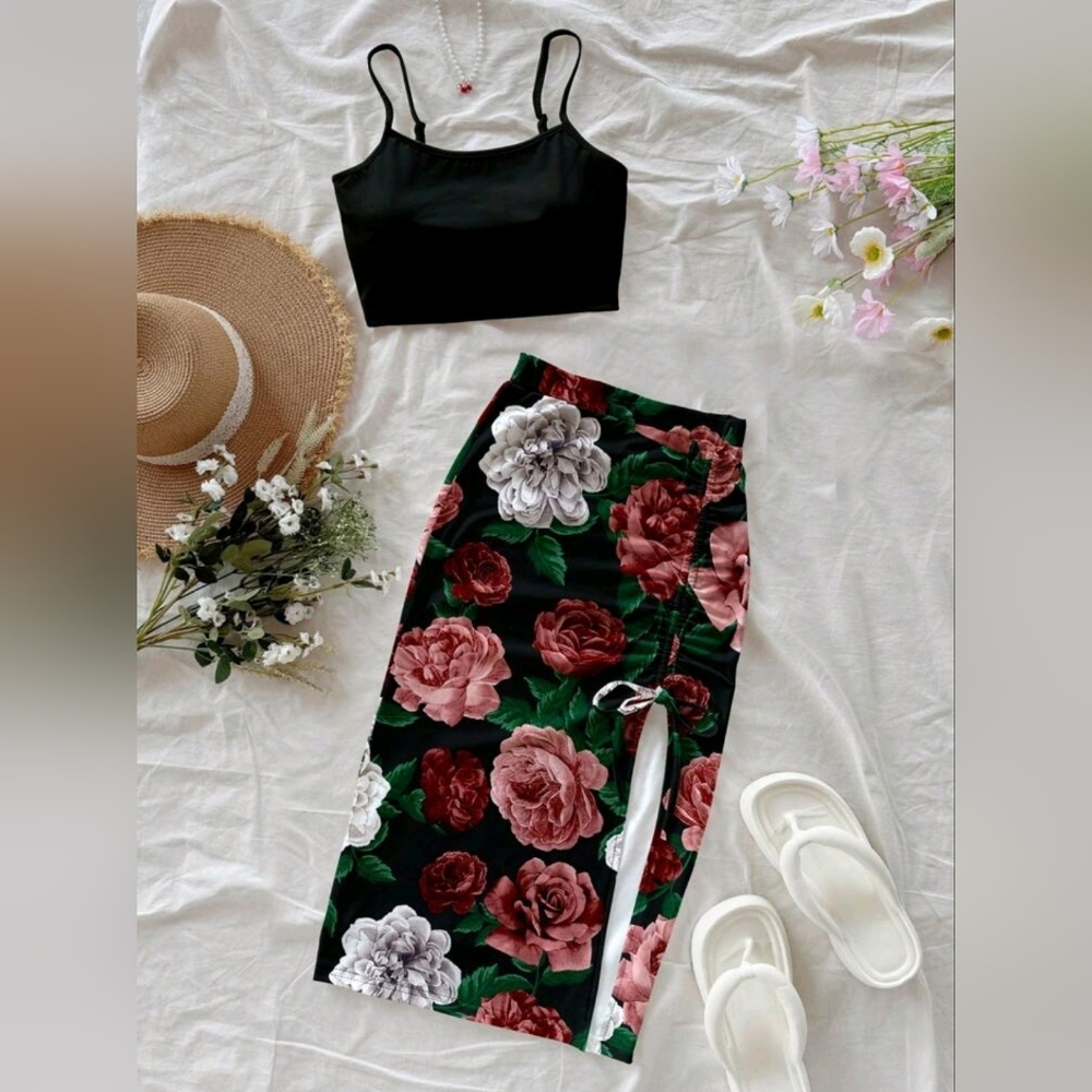 SHEIN Black Floral Midi Skirt